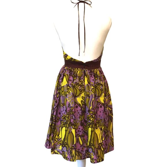 Milly of NY Halter Dress Silk Cotton Abstract Pleated Lined V-neck Women Size 4 - Picture 3 of 16